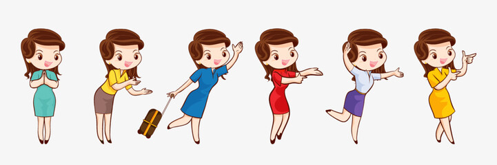 cute beautiful woman cartoon character with different gestures