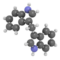 Diindolylmethane (3,3'-DIM, DIM) molecule. 3D rendering.  Derivative of indole-3-carbinol, found in broccoli, cabbage, kale, etc. May have cancer preventive or anticancer effects.