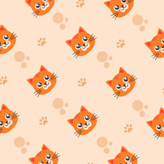 Cats seamless vector pattern, cute orange cat head, paw prints, for fabric childish pattern