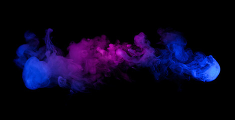 Swirling neon blue and purple multicolored vape smoke puff cloud design element isolated on black...