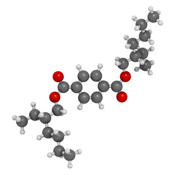 Dioctyl terephthalate (DOTP, DEHT) plasticizer molecule. 3D rendering.  Phthalate alternative, used in PVC plastics.