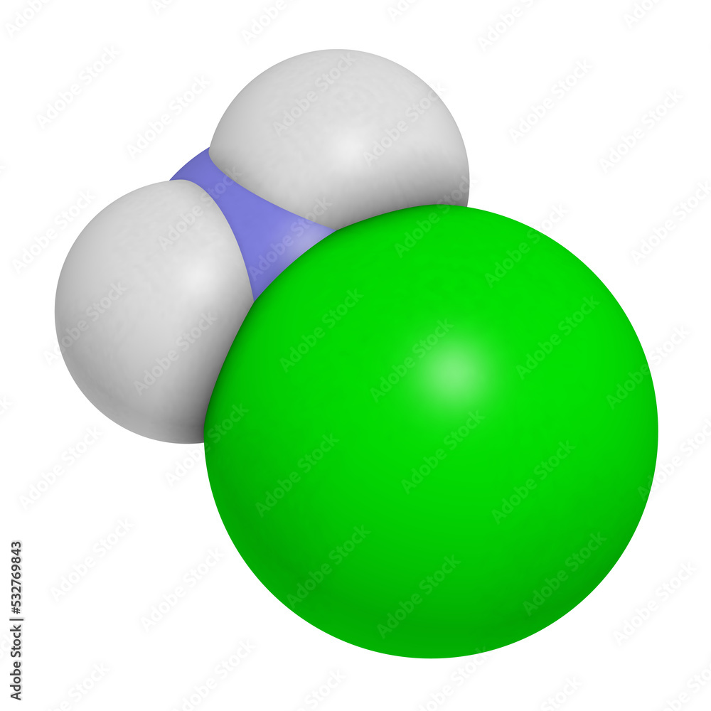 Poster chloramine (monochloramine) disinfectant molecule. 3d rendering. readily decomposes, resulting in hy