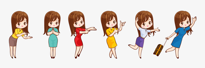 cute beautiful woman cartoon character with different gestures