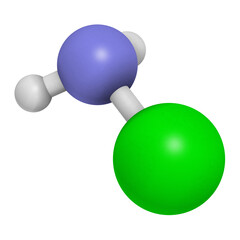Chloramine (monochloramine) disinfectant molecule. 3D rendering.  Readily decomposes, resulting in hypochlorous acid formation.