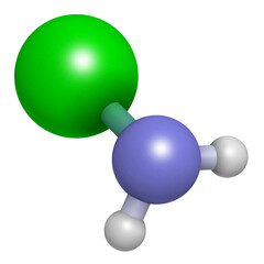 Chloramine (monochloramine) disinfectant molecule. 3D rendering.  Readily decomposes, resulting in hypochlorous acid formation.