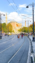 Fototapeta na wymiar Istanbul, TURKEY - October 10, 2021: The Hagia Sophia (also called Hagia Sophia or Ayasofya) exterior view, famous Byzantine landmark and world wonder in Istanbul