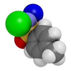 Chloramine-T (tosylchloramide) disinfectant molecule, 3D rendering.