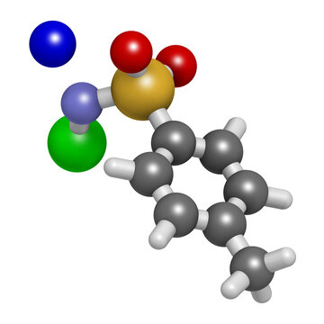 Chloramine-T (tosylchloramide) disinfectant molecule, 3D rendering.