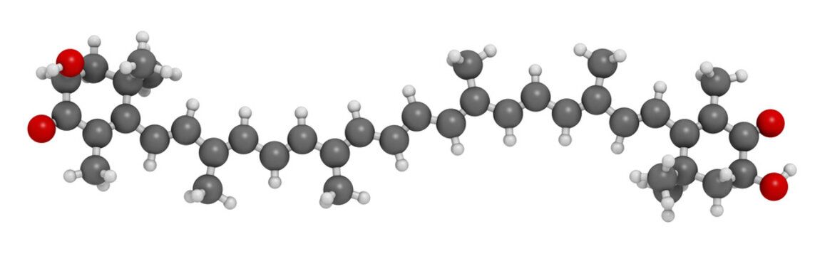 Astaxanthin pigment molecule. 3D rendering.  Carotenoid responsible for the pink-red color of salmon, lobsters and shrimps. Used as food dye (E161j) and antioxidant food supplement.