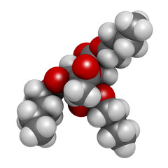 Acetyl tributyl citrate (ATBC) plasticizer molecule. 3D rendering.  Biodegradable alternative to phthalate plasticizers.