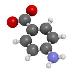 4-aminobenzoic acid (PABA, aminobenzoate) molecule. 3D rendering.