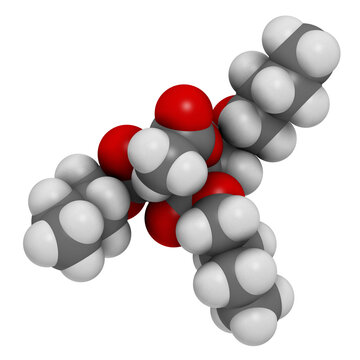 Acetyl tributyl citrate (ATBC) plasticizer molecule. 3D rendering.  Biodegradable alternative to phthalate plasticizers.