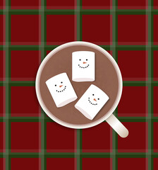 Mug of cocoa with marshmallows with snowman faces. Christmas