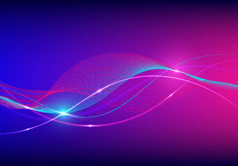 Abstract technology futuristic concept wave lines and dots particles with lighting effect on blue and pink neon colors background