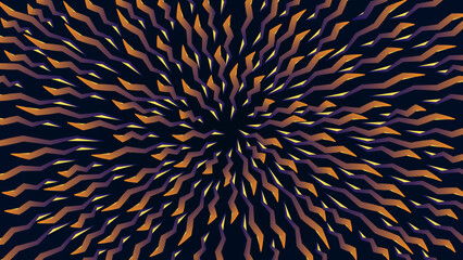 Ethnic spiral pattern of yellow-brown-purple lightning bolts on dark background. Modern festive horizontal template. Concept of night fireworks, confetti explosion at party, holiday. Trendy design