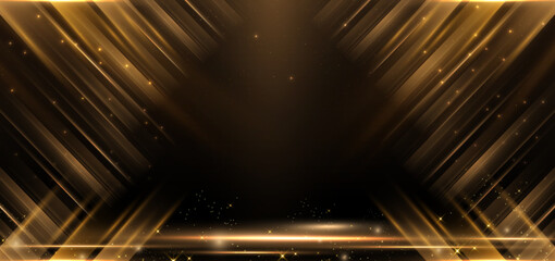 Abstract elegant 3d star gold with lighting effect diagonal scene sparkle on black background.