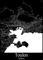 Black and White city map poster of Toulon France.
