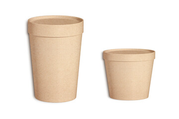 Kraft paper cup with lid mockup isolated on white background. 3d rendering.Empty round paper food container isolated on white background. Biodegradable big paper cup for ice cream and craft soup.