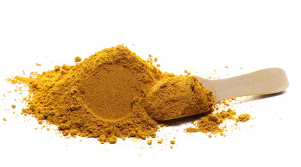 Curry pile, mix ground turmeric, fenugreek, coriander, ginger, cumin, allspice, chili, nutmeg, cardamom in wooden spoon isolated  on white