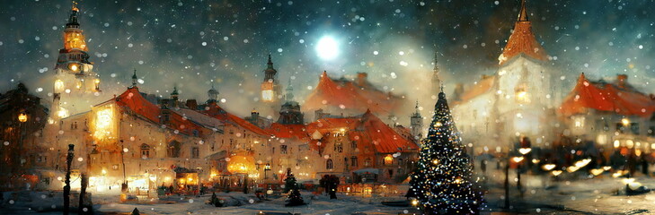   Christmas city , tree on medieval city stree  lamp evening blurred light old houses pedestrian walk old town market place  Tallinn old town festive banner