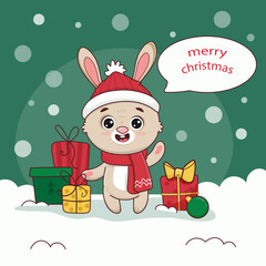 christmas card with rabbit and gifts.Cute cartoon bunny.Vector illustration