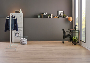 Washing and drier machine in the grey wall room background, laundry, clothe, sofa and working table style, minimalist home interior.