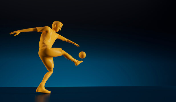 Yellow soccer football player kicking a ball in an action pose. 3D Rendering