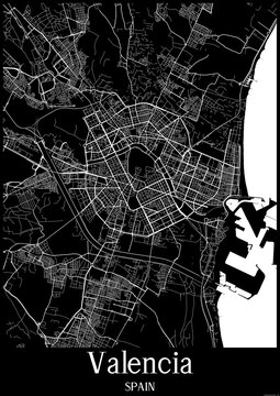 Black and White city map poster of Valencia Spain.