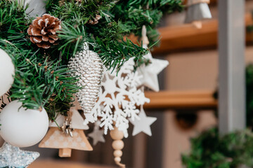 Christmas tree with decor as a background. Christmas toys