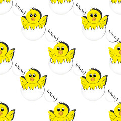 Seamless pattern with cute chicken with wings in a shell. Background with a hatched chicken. Vector illustration with funny yellow domestic birds.