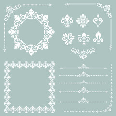 Vintage set of vector horizontal, square and round elements. Elements for backgrounds, frames and monograms. Classic patterns. Set of light blue and white patterns