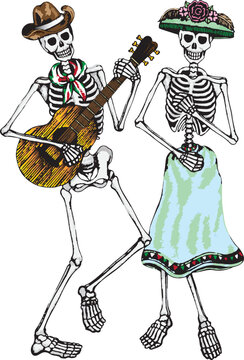 Art couple skull dance and play music day of the dead.Hand drawing and make graphic vector.