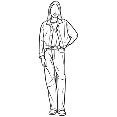 Girl standing with his hands in his pants pocket line vector drawing. Minimalistic contour illustration.