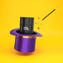 Magic hat with a wand and an oil barrel floating on a yellow background, 3d render