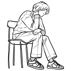 A man sits in a chair with his hands on the nape of his neck. line vector drawing. Minimalistic contour illustration.