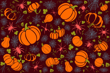Obraz premium Background with pumpkins, leaves, spiders and cobwebs