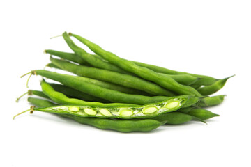 Fresh organic green beans isolated on white background.	