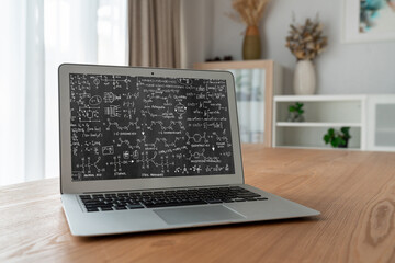 Mathematic equations and modish formula on computer screen showing concept of science and education