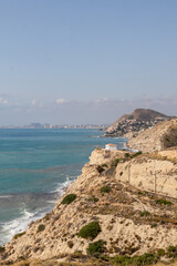 Cliffs in the Mediterranean Sea in the south of Spain. White coast Spain. Valencian Community