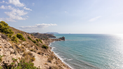 Cliffs in the Mediterranean Sea in the south of Spain. White coast Spain. Valencian Community