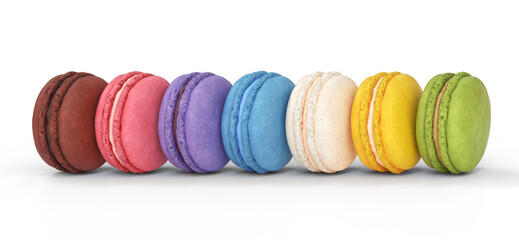 Collection of multicolored macaroons on a white background, 3d render