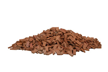Pile of red brick made from clay and husk and then burned with high heat in construction site isolated on white background included clipping path.