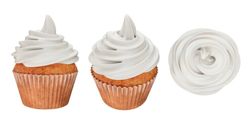 Set of cupcakes with white cream from different angles front, side, top, 3d render © salamahin