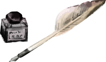 Inkwell and pen for writing. Watercolor vector drawing made by hand. Vector group, isolated on transparent background