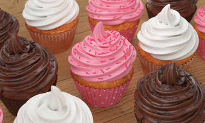 A set of cupcakes with white. chocolate, pink cream on a wooden tabletop, 3d render