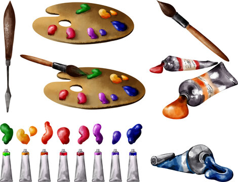 Objects for oil painting, oil paints, hand palette. Watercolor vector drawing made by hand. Vector group, isolated on a white background.