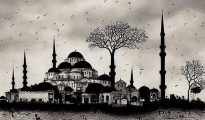 Blue Mosque (Sultanahmet Camii) Drawing. Istanbul Wall Art Poster.