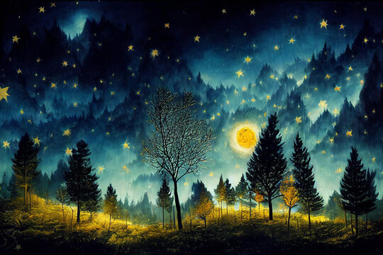Fantasy forest with stars and moonlight.