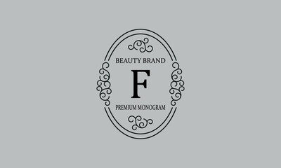 Premium monogram with the letter F. Frame with ornament. Luxury logo design with minimal modern font.