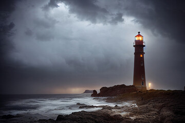 Lighthouse tower in cloudy night